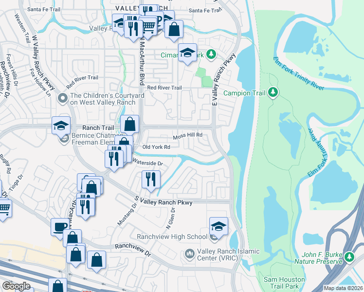 map of restaurants, bars, coffee shops, grocery stores, and more near 8714 Wellington Road in Irving