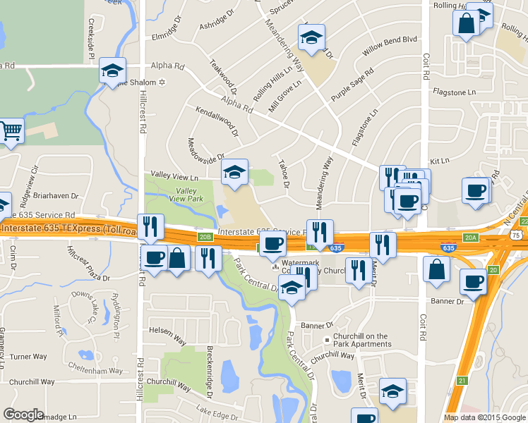 map of restaurants, bars, coffee shops, grocery stores, and more near 7435 Thistle Lane in Dallas