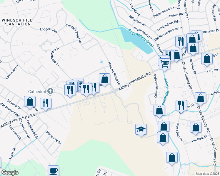 map of restaurants, bars, coffee shops, grocery stores, and more near 33 Peppertree Lane in Charleston