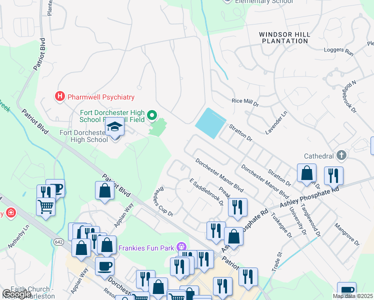 map of restaurants, bars, coffee shops, grocery stores, and more near 184 Dorchester Manor Boulevard in Charleston