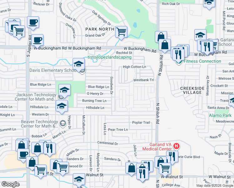 map of restaurants, bars, coffee shops, grocery stores, and more near 2742 Westbank Trail in Garland