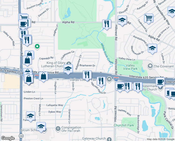 map of restaurants, bars, coffee shops, grocery stores, and more near 6524 Briarhaven Drive in Dallas