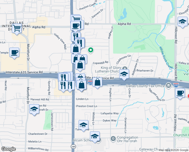 map of restaurants, bars, coffee shops, grocery stores, and more near 6201 Twin Oaks Circle in Dallas