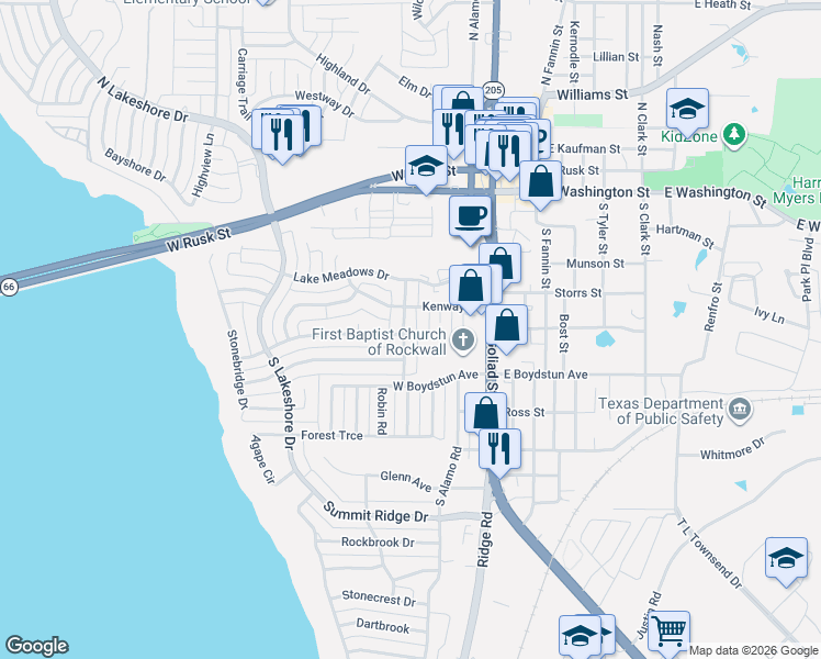 map of restaurants, bars, coffee shops, grocery stores, and more near 501 Ridgeview Drive in Rockwall