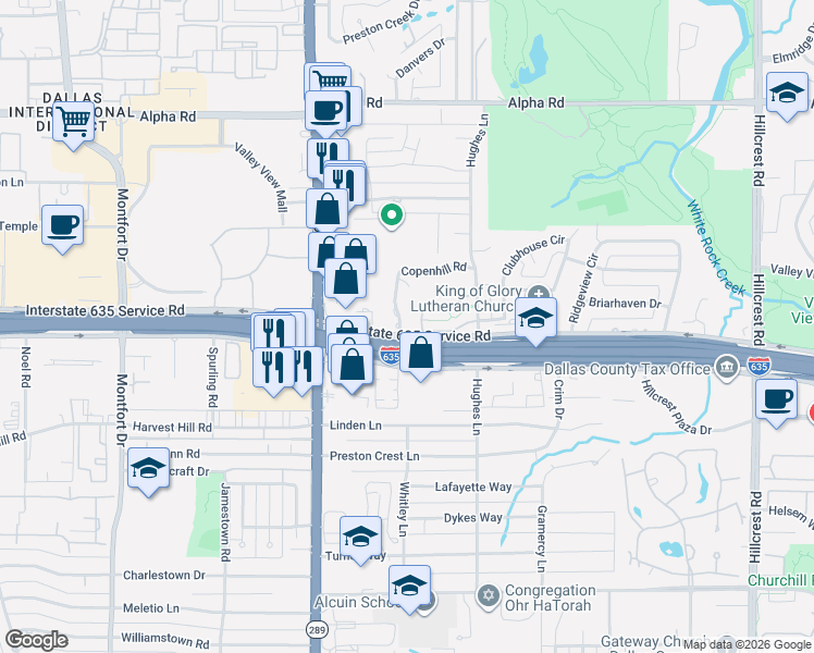 map of restaurants, bars, coffee shops, grocery stores, and more near 6201 Twin Oaks Circle in Dallas