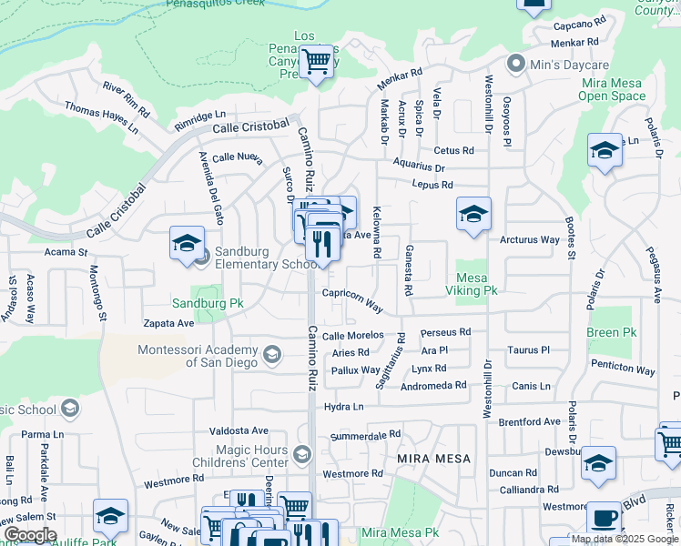 map of restaurants, bars, coffee shops, grocery stores, and more near 8392 Capricorn Way in San Diego