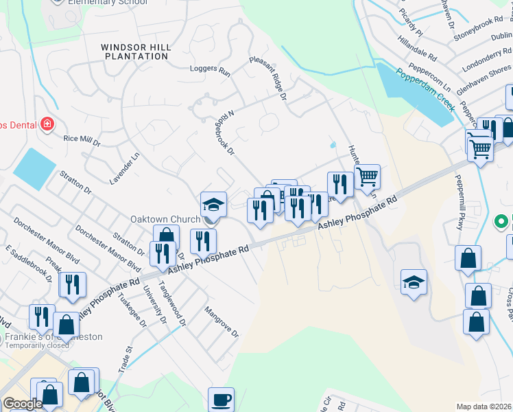 map of restaurants, bars, coffee shops, grocery stores, and more near 4060 Cedars Parkway in North Charleston