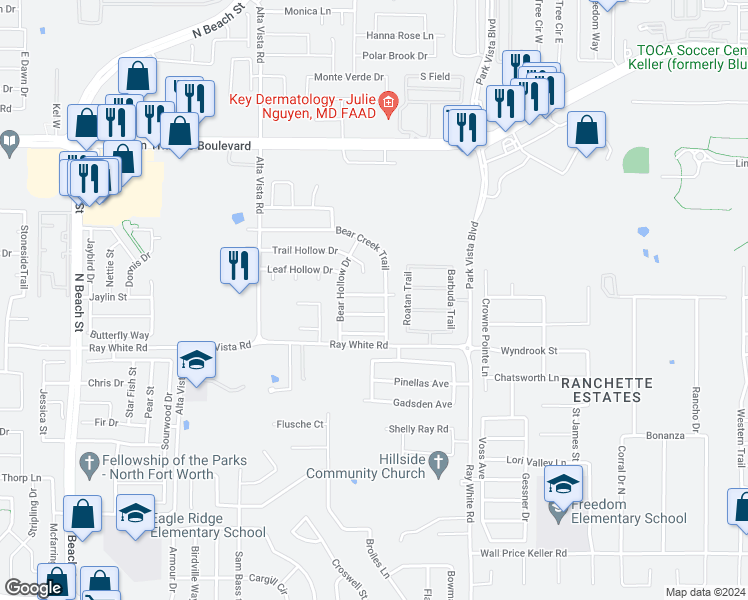 map of restaurants, bars, coffee shops, grocery stores, and more near 4948 Meadow Trails Drive in Fort Worth