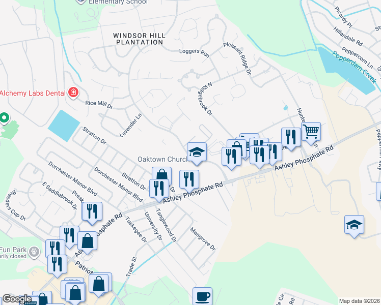 map of restaurants, bars, coffee shops, grocery stores, and more near 8184 Windsor Hill Boulevard in North Charleston