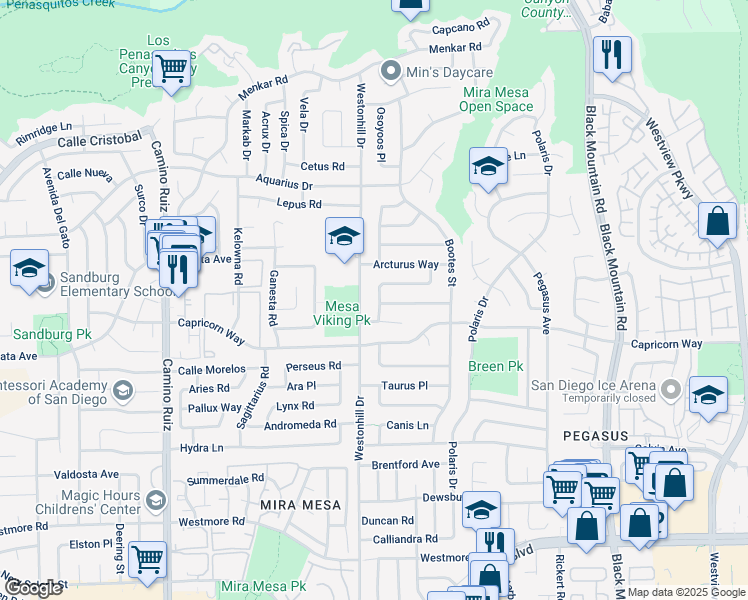 map of restaurants, bars, coffee shops, grocery stores, and more near 11248 Sirias Road in San Diego