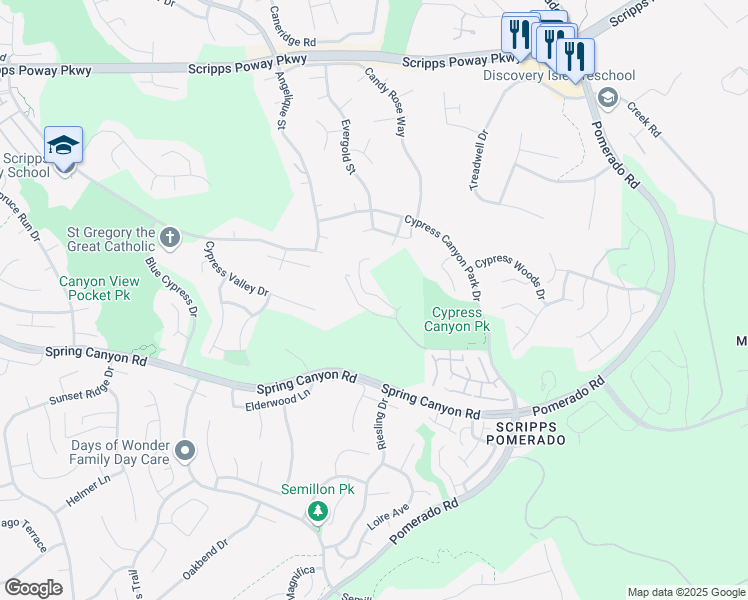 map of restaurants, bars, coffee shops, grocery stores, and more near 11495 Cypress Canyon Road in San Diego