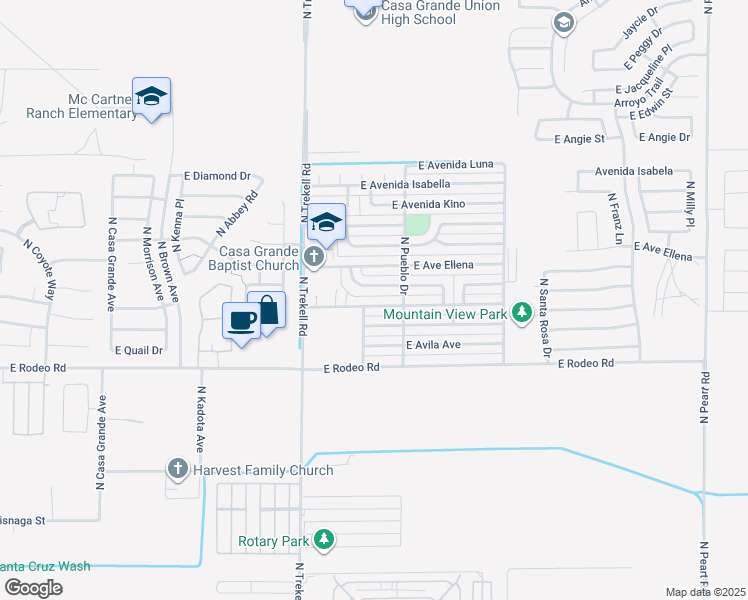 map of restaurants, bars, coffee shops, grocery stores, and more near 1178 East Delano Drive in Casa Grande
