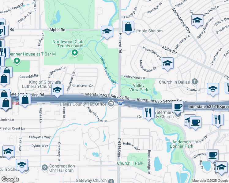 map of restaurants, bars, coffee shops, grocery stores, and more near 13001 Hillcrest Road in Dallas
