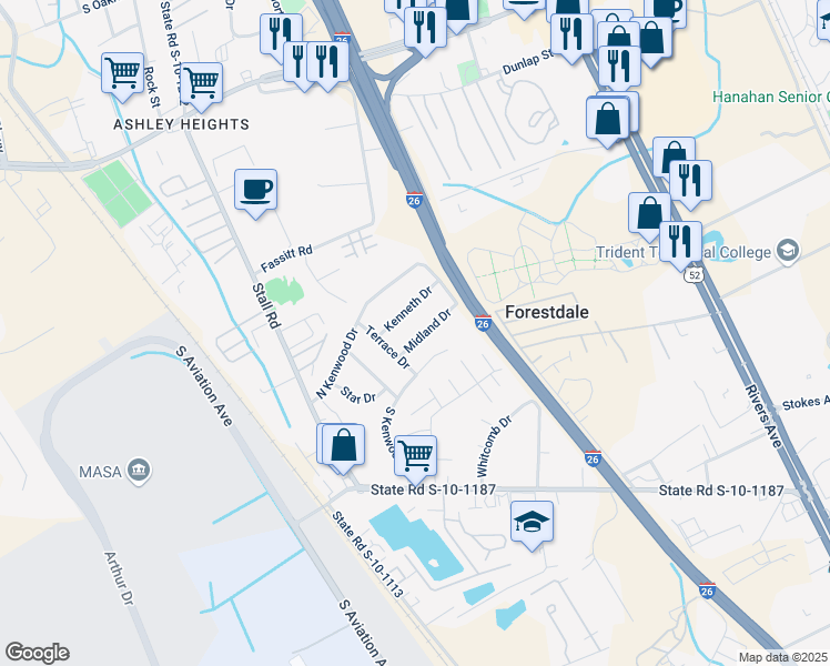 map of restaurants, bars, coffee shops, grocery stores, and more near 7039 Midland Drive in North Charleston