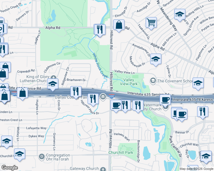 map of restaurants, bars, coffee shops, grocery stores, and more near 6793 Northcreek Lane in Dallas