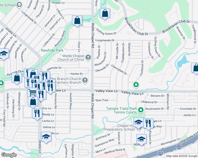 map of restaurants, bars, coffee shops, grocery stores, and more near 3139 Chatsworth Drive in Farmers Branch