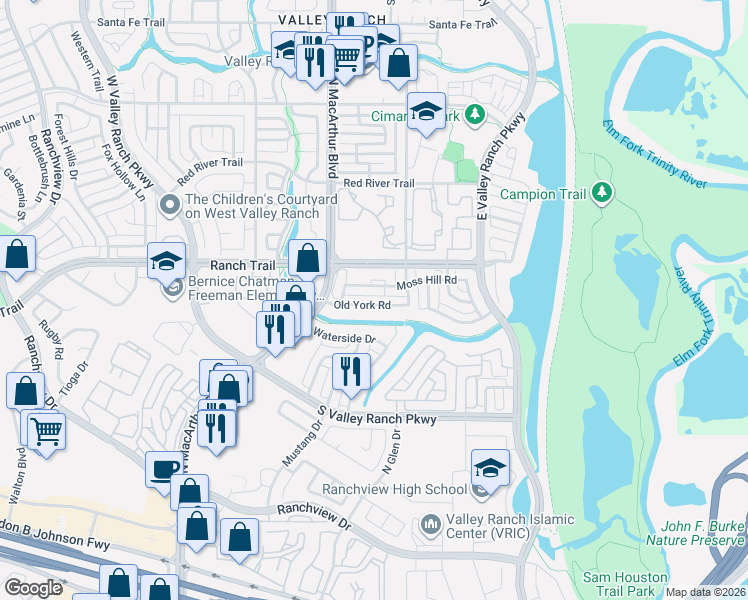 map of restaurants, bars, coffee shops, grocery stores, and more near 8712 Falls Road in Irving