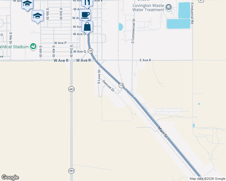 map of restaurants, bars, coffee shops, grocery stores, and more near 428 Dencoe Drive in Lovington