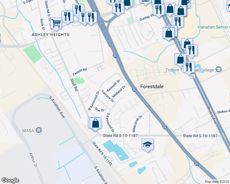 map of restaurants, bars, coffee shops, grocery stores, and more near 7039 Midland Drive in North Charleston