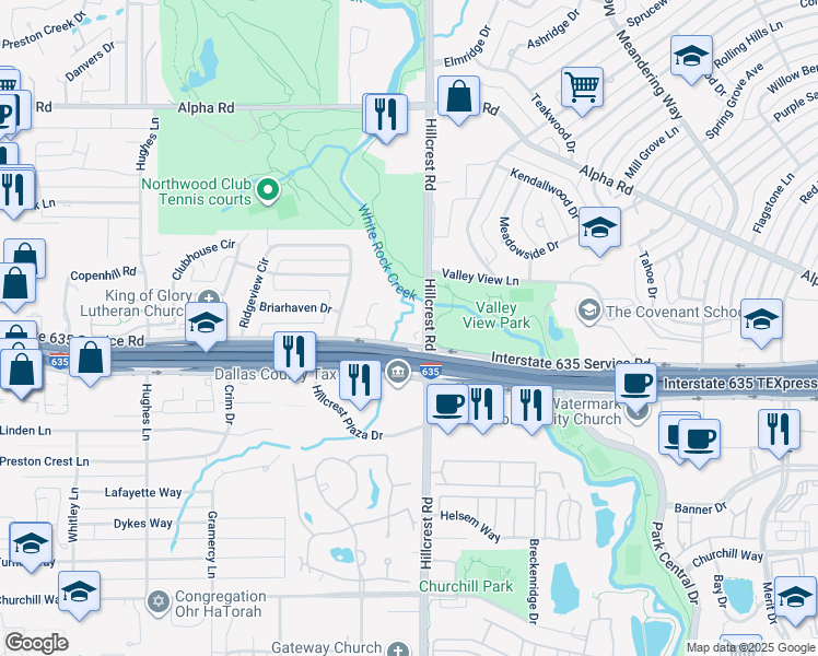 map of restaurants, bars, coffee shops, grocery stores, and more near 13001 Hillcrest Road in Dallas