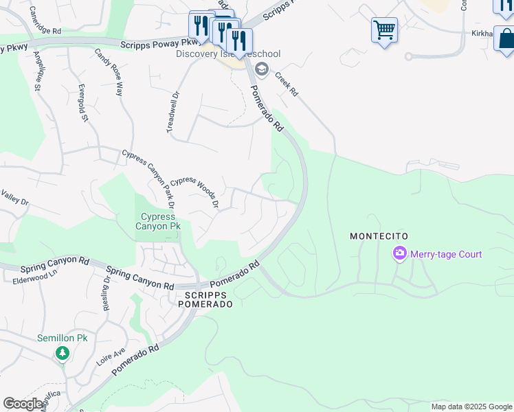 map of restaurants, bars, coffee shops, grocery stores, and more near 11380 Legacy Canyon Place in San Diego