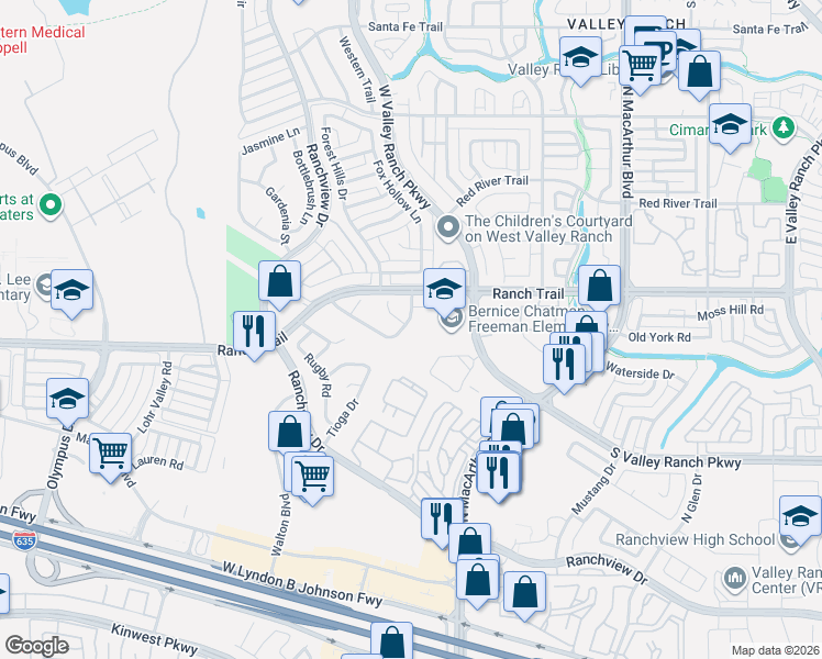 map of restaurants, bars, coffee shops, grocery stores, and more near 1006 Llano Trace in Irving