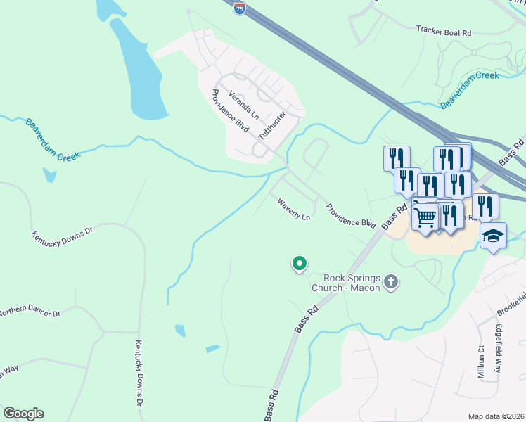 map of restaurants, bars, coffee shops, grocery stores, and more near 426 Waverly Lane in Macon