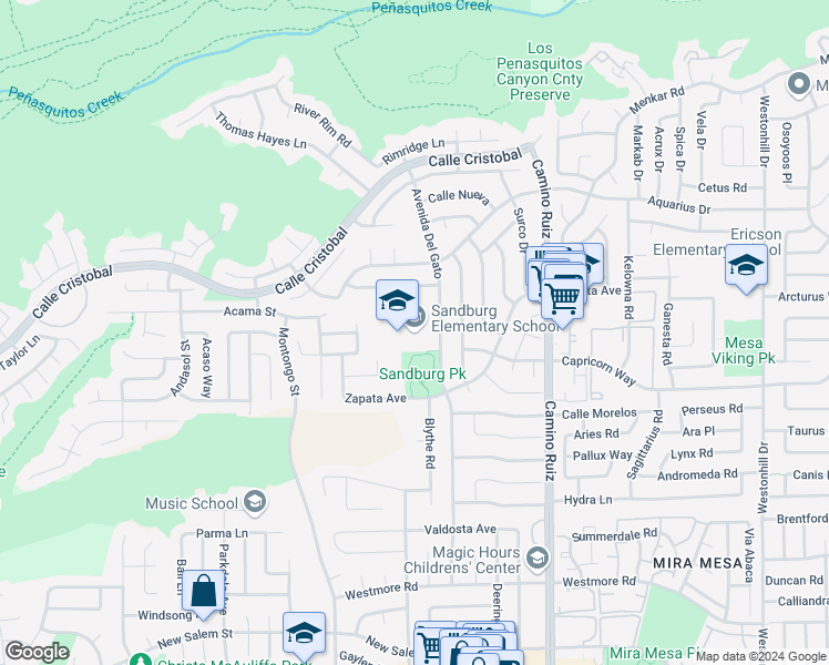 map of restaurants, bars, coffee shops, grocery stores, and more near 11230 Avenida Del Gato in San Diego