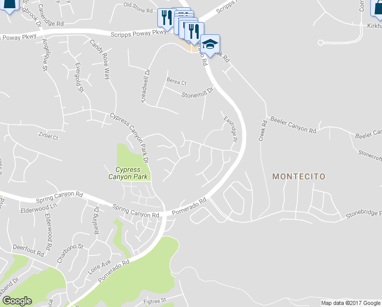 map of restaurants, bars, coffee shops, grocery stores, and more near 11401 Swan Canyon Road in San Diego