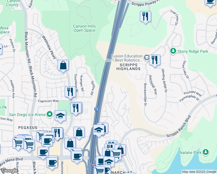 map of restaurants, bars, coffee shops, grocery stores, and more near 10010 Scripps Vista Way in San Diego