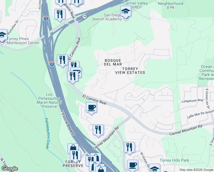map of restaurants, bars, coffee shops, grocery stores, and more near 3845 Arroyo Sorrento Road in San Diego