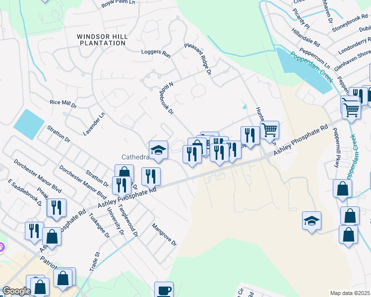 map of restaurants, bars, coffee shops, grocery stores, and more near 4060 Cedars Parkway in North Charleston