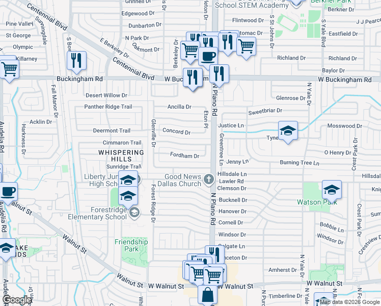 map of restaurants, bars, coffee shops, grocery stores, and more near 4602 Danville Drive in Garland