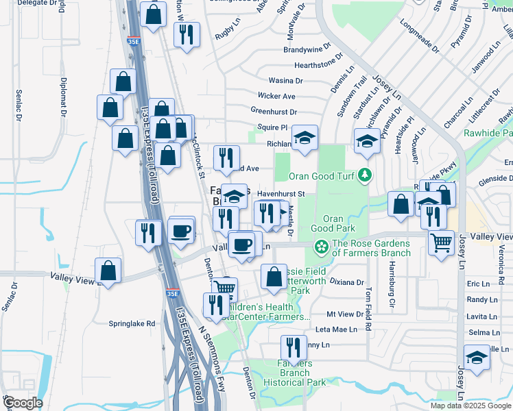 map of restaurants, bars, coffee shops, grocery stores, and more near 2538 Havenhurst Street in Farmers Branch