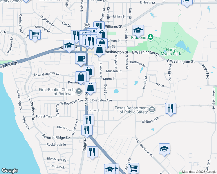 map of restaurants, bars, coffee shops, grocery stores, and more near 507 Bost Street in Rockwall