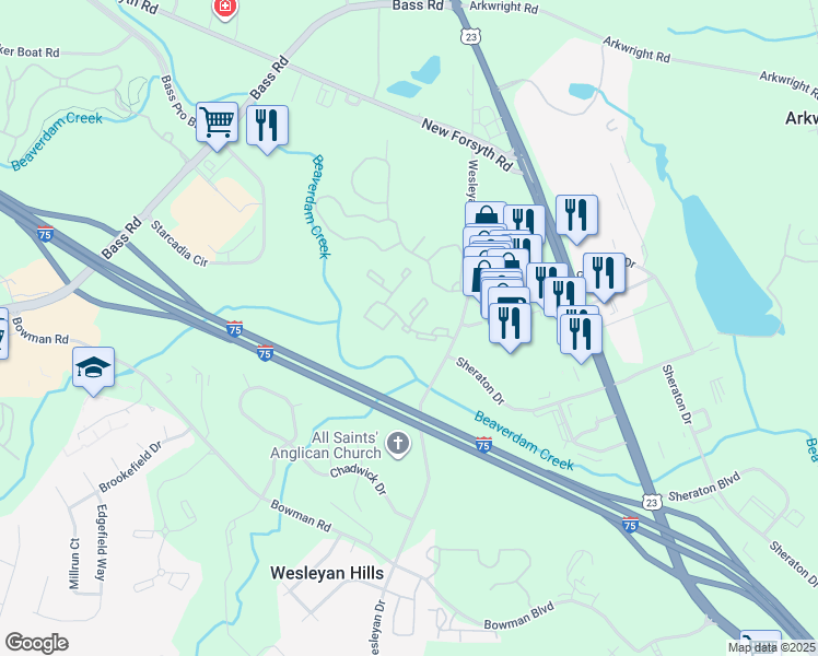map of restaurants, bars, coffee shops, grocery stores, and more near Wesleyan Corners Drive in Bibb County