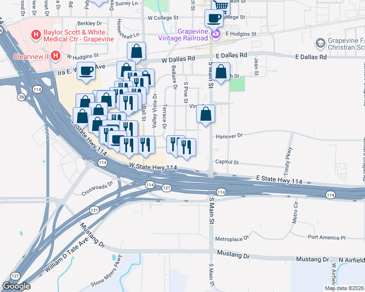 map of restaurants, bars, coffee shops, grocery stores, and more near 1319 Bellaire Drive in Grapevine