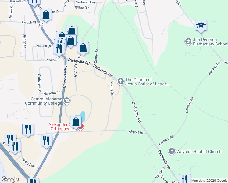 map of restaurants, bars, coffee shops, grocery stores, and more near 1693-1799 Worthy Rd in Alexander City