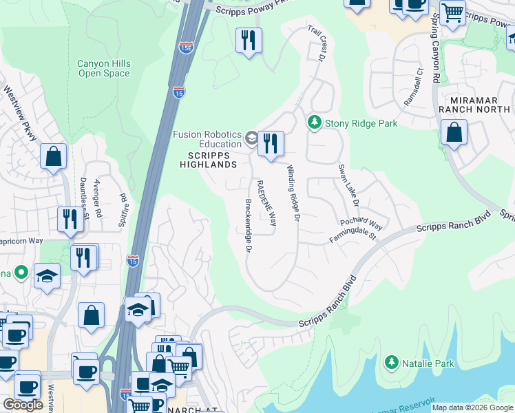 map of restaurants, bars, coffee shops, grocery stores, and more near 11484 Raedene Way in San Diego