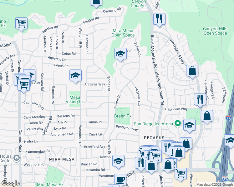 map of restaurants, bars, coffee shops, grocery stores, and more near 11295 Dalby Place in San Diego