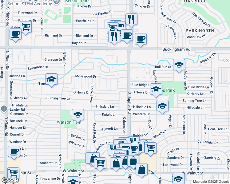 map of restaurants, bars, coffee shops, grocery stores, and more near 1605 Mosswood Way in Garland