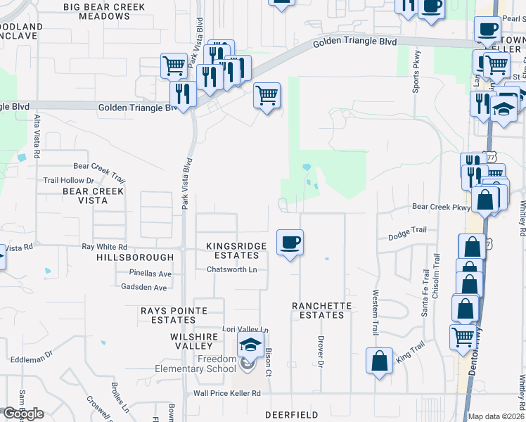 map of restaurants, bars, coffee shops, grocery stores, and more near 10357 Brunston Road in Fort Worth