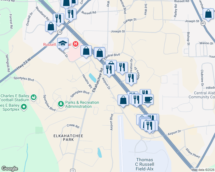 map of restaurants, bars, coffee shops, grocery stores, and more near 3714 U.S. 280 in Alexander City