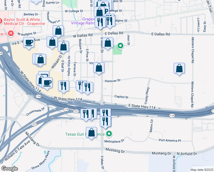 map of restaurants, bars, coffee shops, grocery stores, and more near 1255 South Main Street in Grapevine