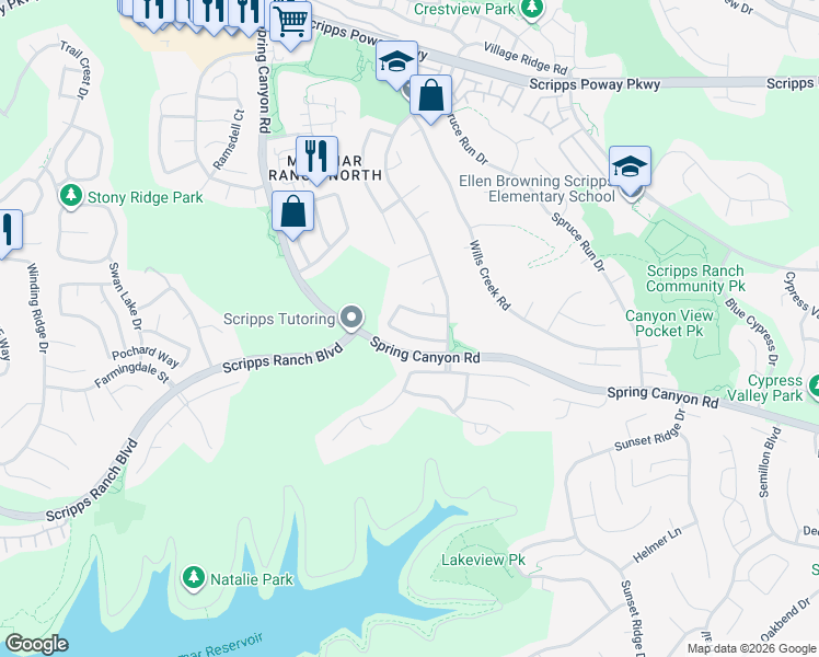 map of restaurants, bars, coffee shops, grocery stores, and more near 11420 Ann Arbor Lane in San Diego