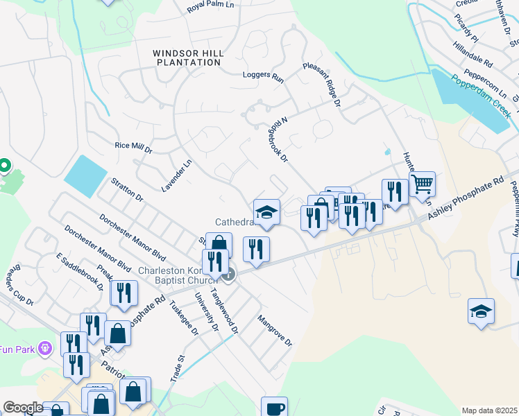 map of restaurants, bars, coffee shops, grocery stores, and more near 8184 Windsor Hill Boulevard in North Charleston