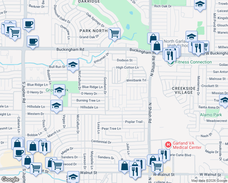 map of restaurants, bars, coffee shops, grocery stores, and more near 2742 Westbank Trail in Garland
