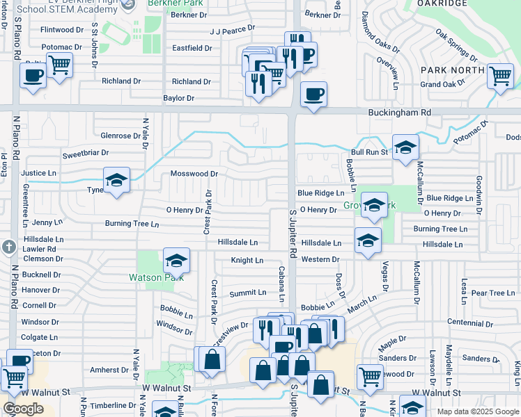 map of restaurants, bars, coffee shops, grocery stores, and more near 1605 Mosswood Way in Garland