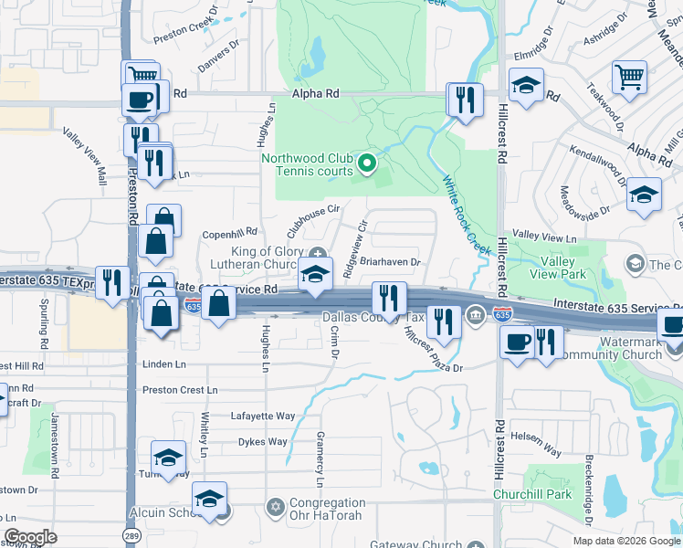 map of restaurants, bars, coffee shops, grocery stores, and more near 6523 Ridgeview Circle in Dallas