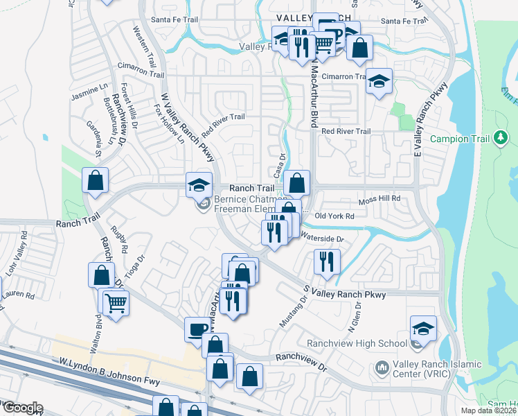 map of restaurants, bars, coffee shops, grocery stores, and more near 8637 North MacArthur Boulevard in Irving